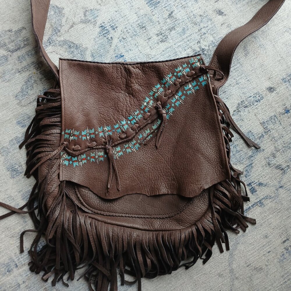 Patricia Wolf Fringe Brown Deerskin Crossbody Purse/Bag
